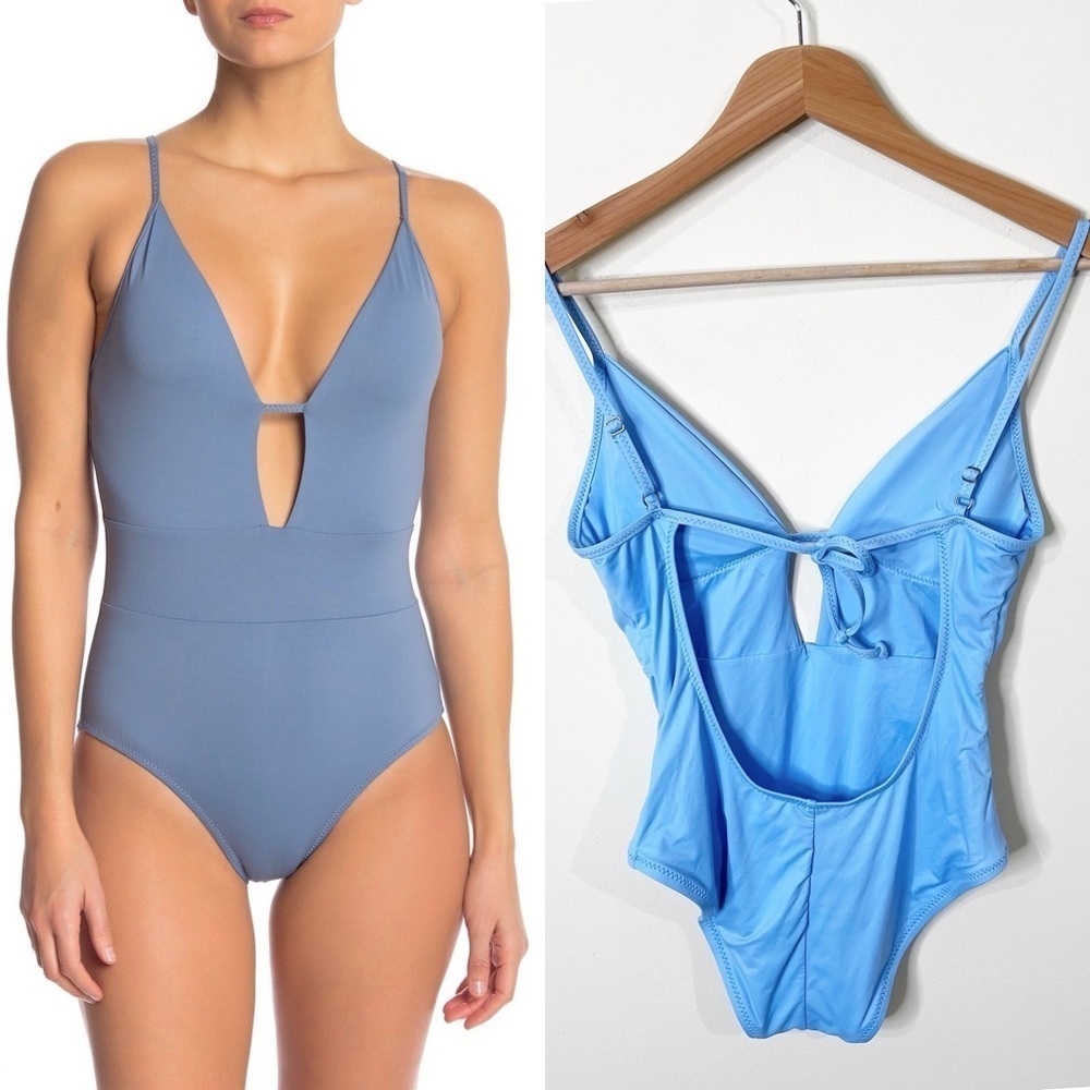 Becca Blue Plunge V-Neck Cutout Open Back One Piece Swimsuit Size Small
